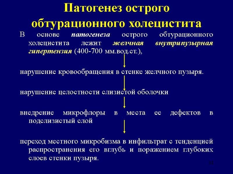 12 Патогенез острого обтурационного холецистита В основе патогенеза острого обтурационного холецистита лежит желчная внутрипузырная